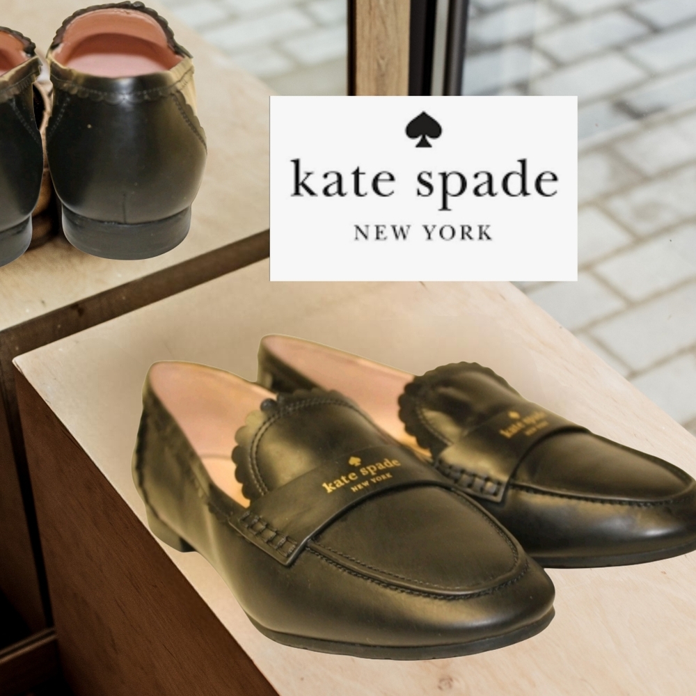 kate spade Black Leather Scalloped Loafers